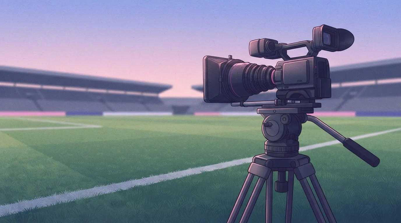 Fernsehkamera auf Stativ neben einem beleuchteten Fußballfeld