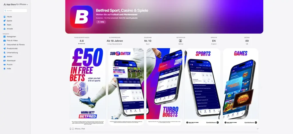 App-Store-Eintrag von Betfred mit Name und Geräteangaben für iPhone und iPad