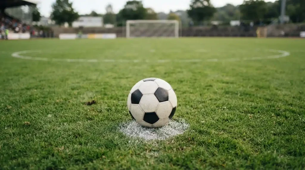 Fußball auf dem Elfmeterpunkt eines markierten Spielfelds