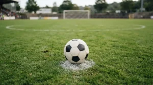 Fußball auf dem Elfmeterpunkt eines markierten Spielfelds