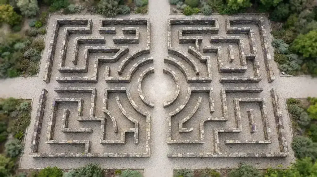 Kleines Steinlabyrinth mit einem zentralen Weg in der Draufsicht