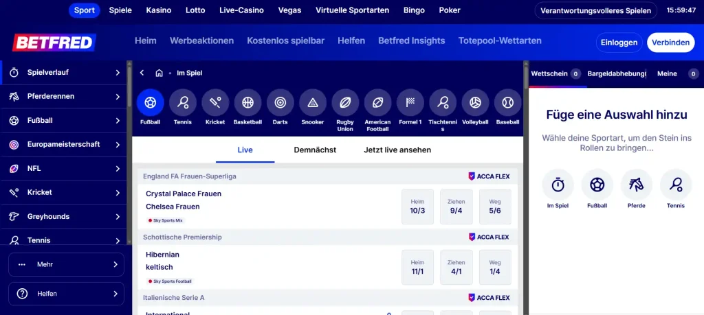 In-Play-Sportarten mit laufenden Begegnungen und Quoten bei Betfred