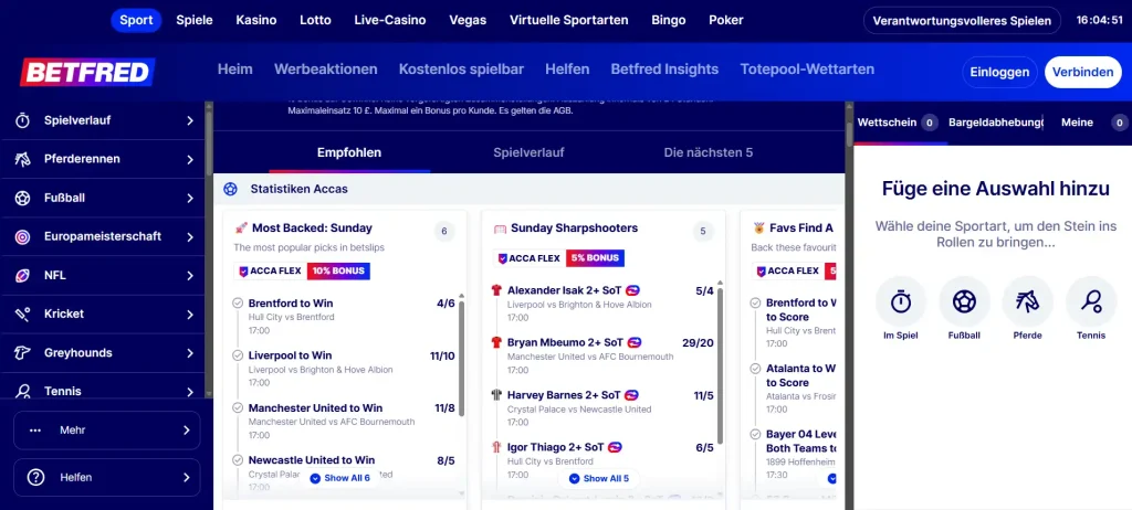 Sportartennavigation und Märkte der Sportwettenoberfläche von Betfred