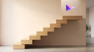 Holztreppe mit einer kleinen Markierung an der obersten Stufe